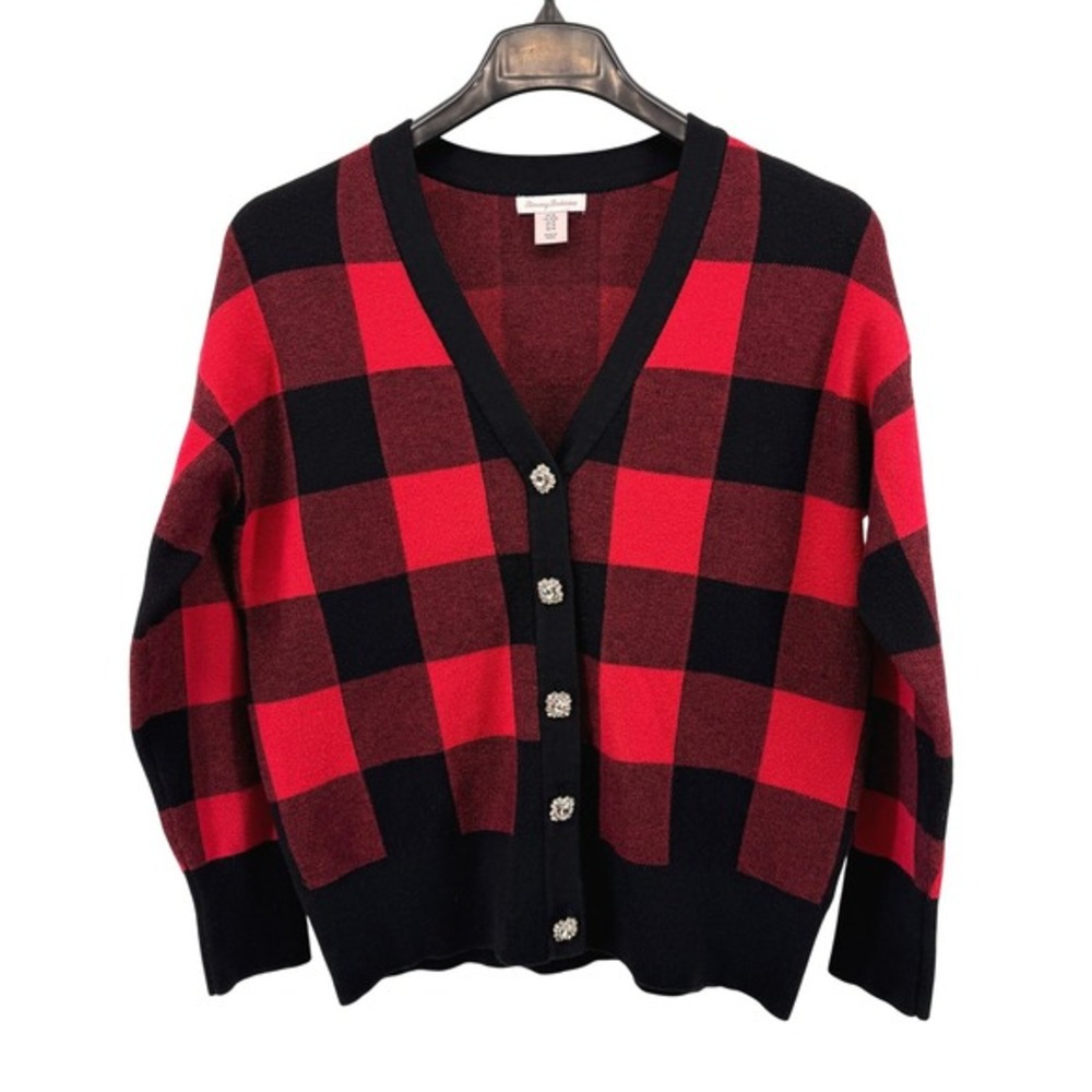 Tommy‎ Bahama Cardigan Women Pre-Owned Medium Cardigan Red Black Buffalo Plaid